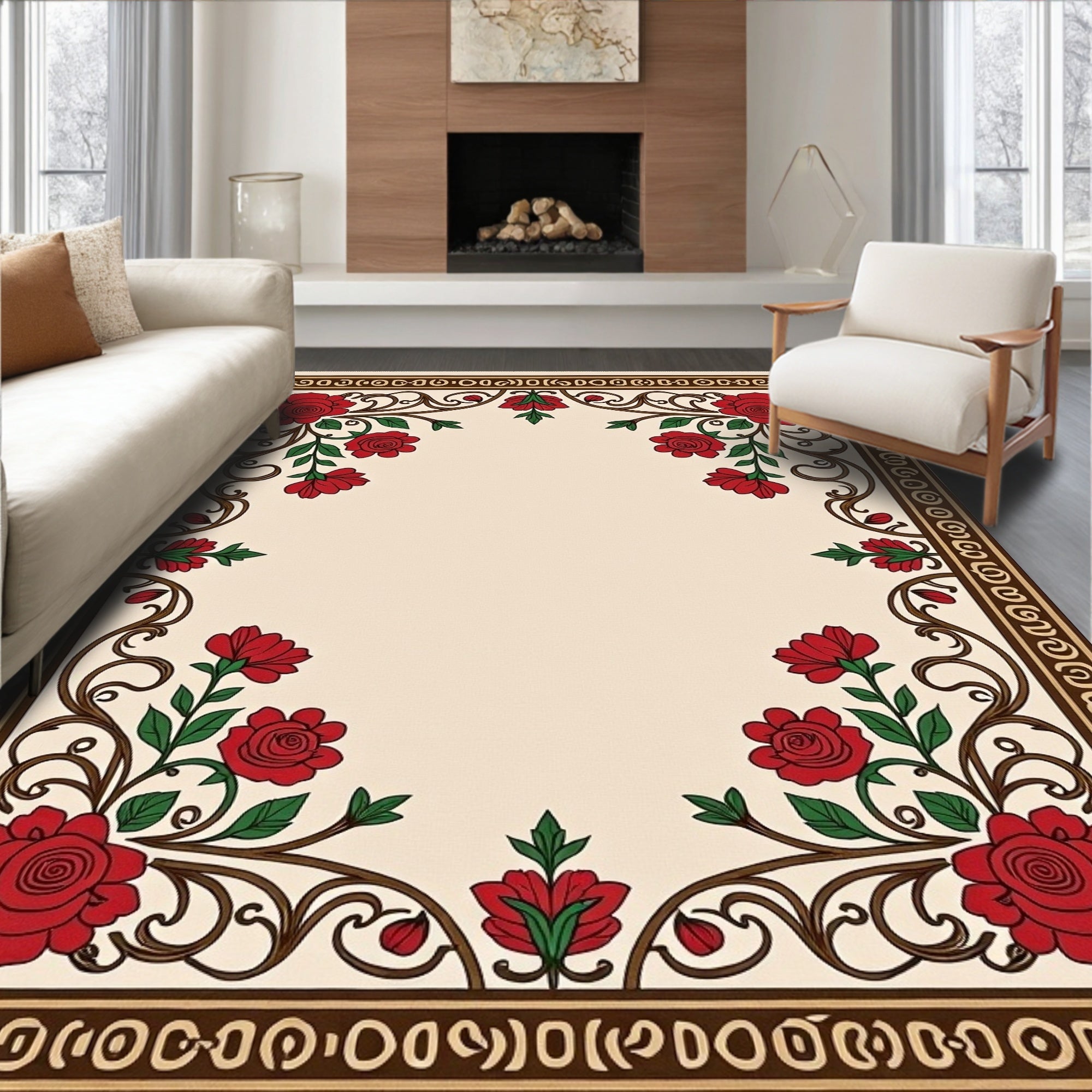 Red Rose Vine Border Cream Rug