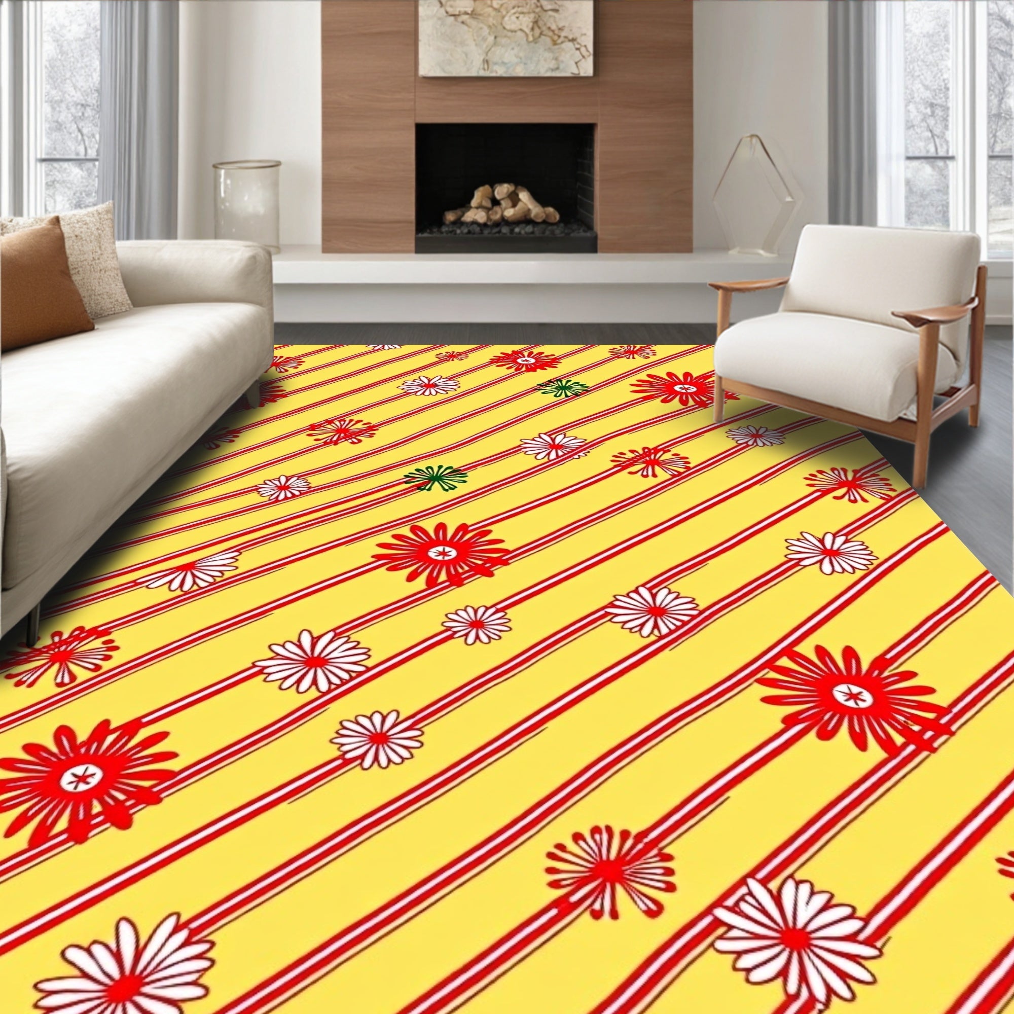 Whimsical Red Striped Floral Yellow Rug