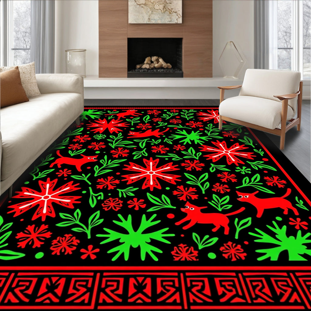 Red Green Feline Floral Medallion Rug
