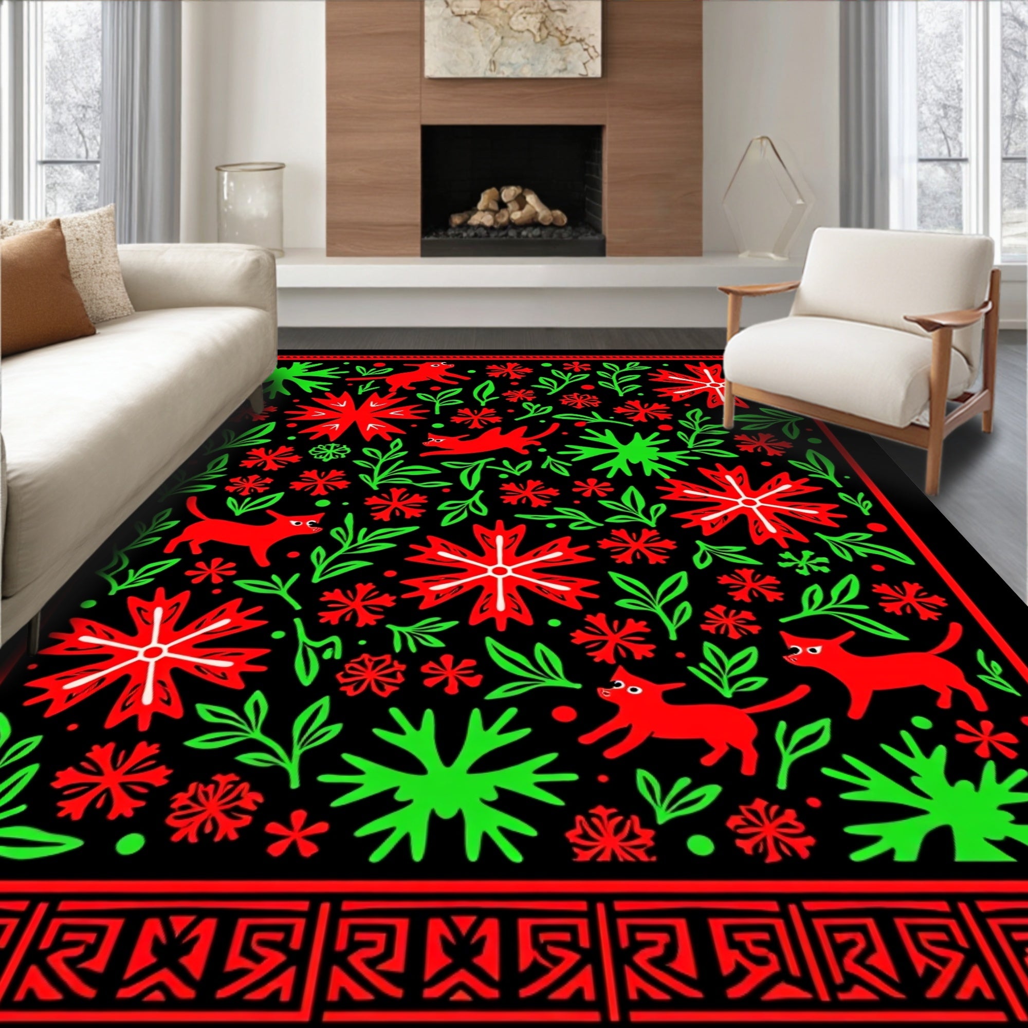 Red Green Feline Floral Medallion Rug