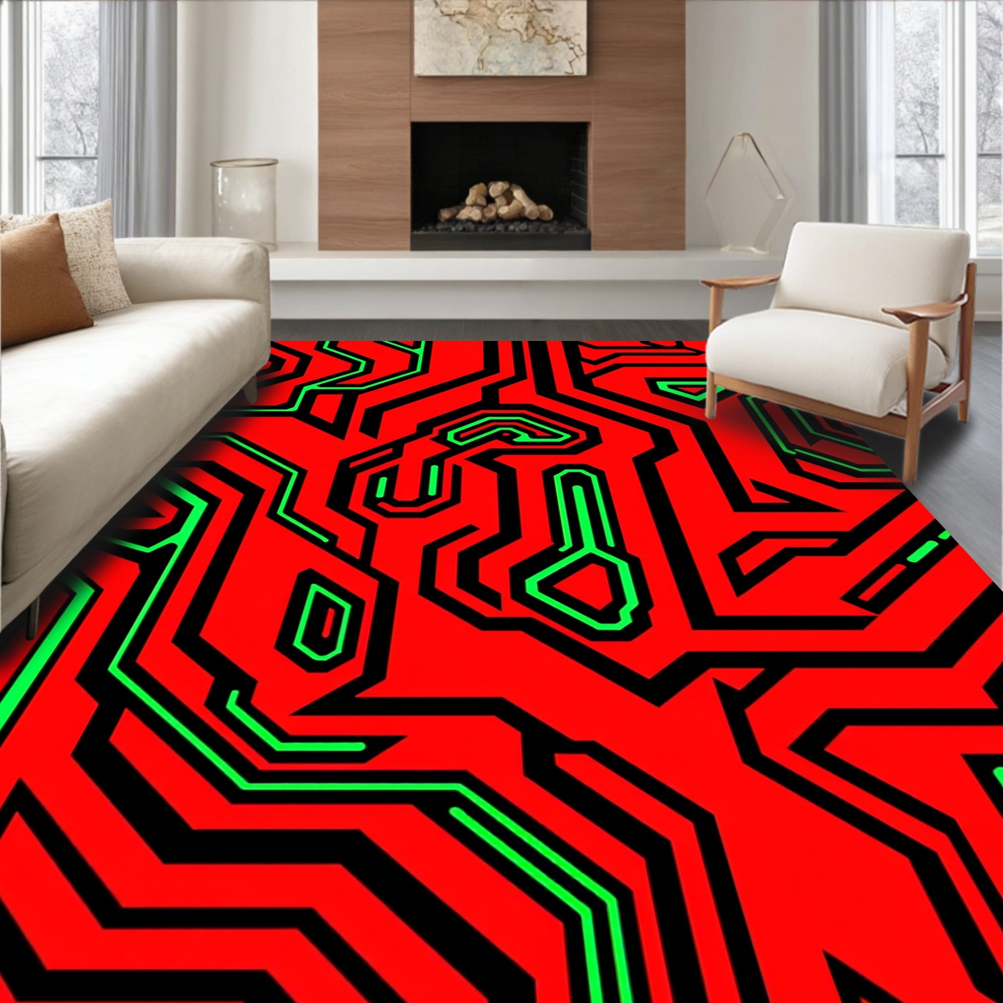 Futuristic Circuit Board Red Green Accents Rug