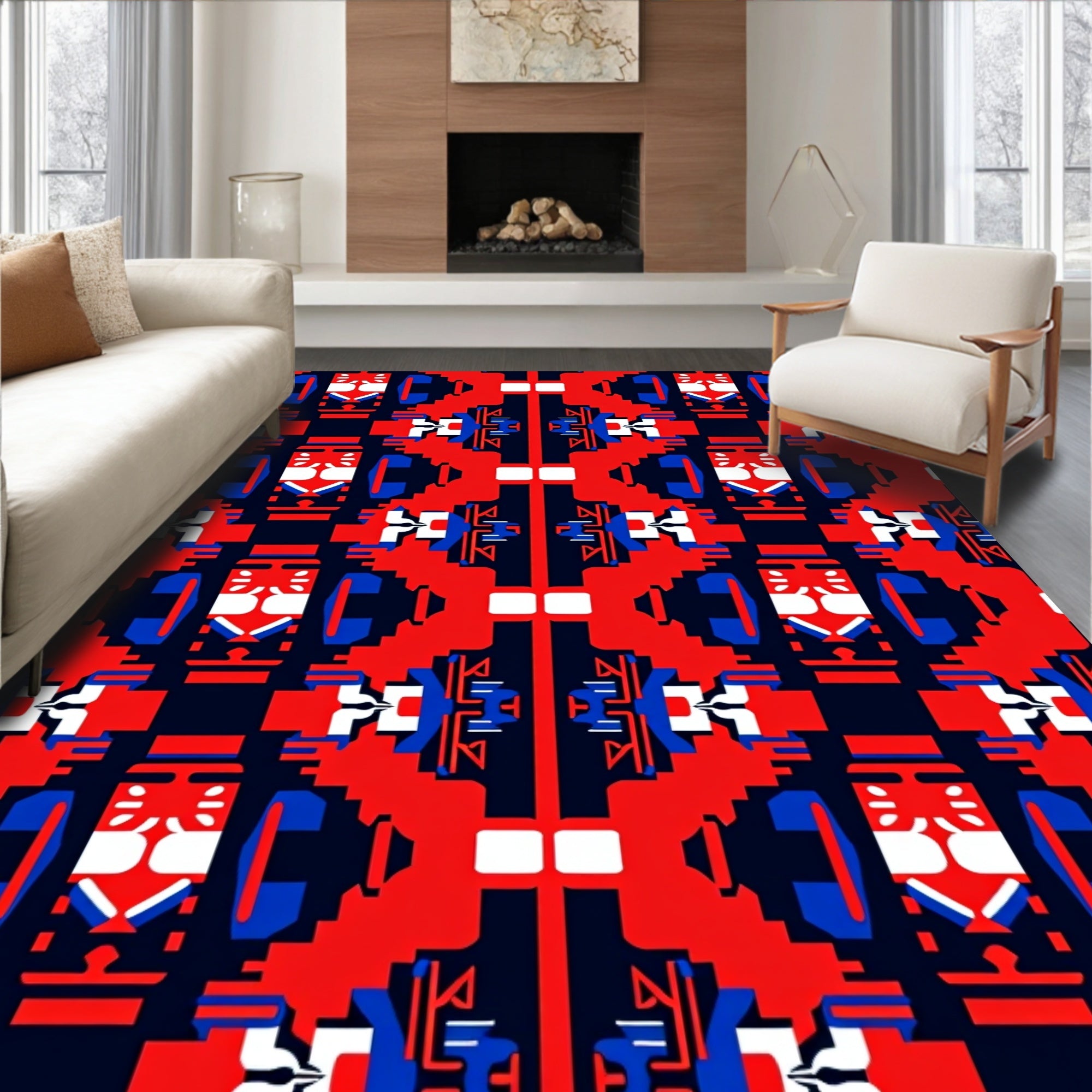 Bold Red Blue Geometric Diamond Rug