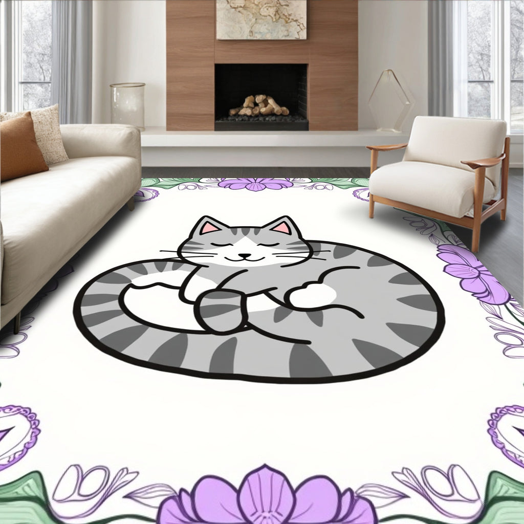 Sleeping Tabby Cat Floral Border Rug