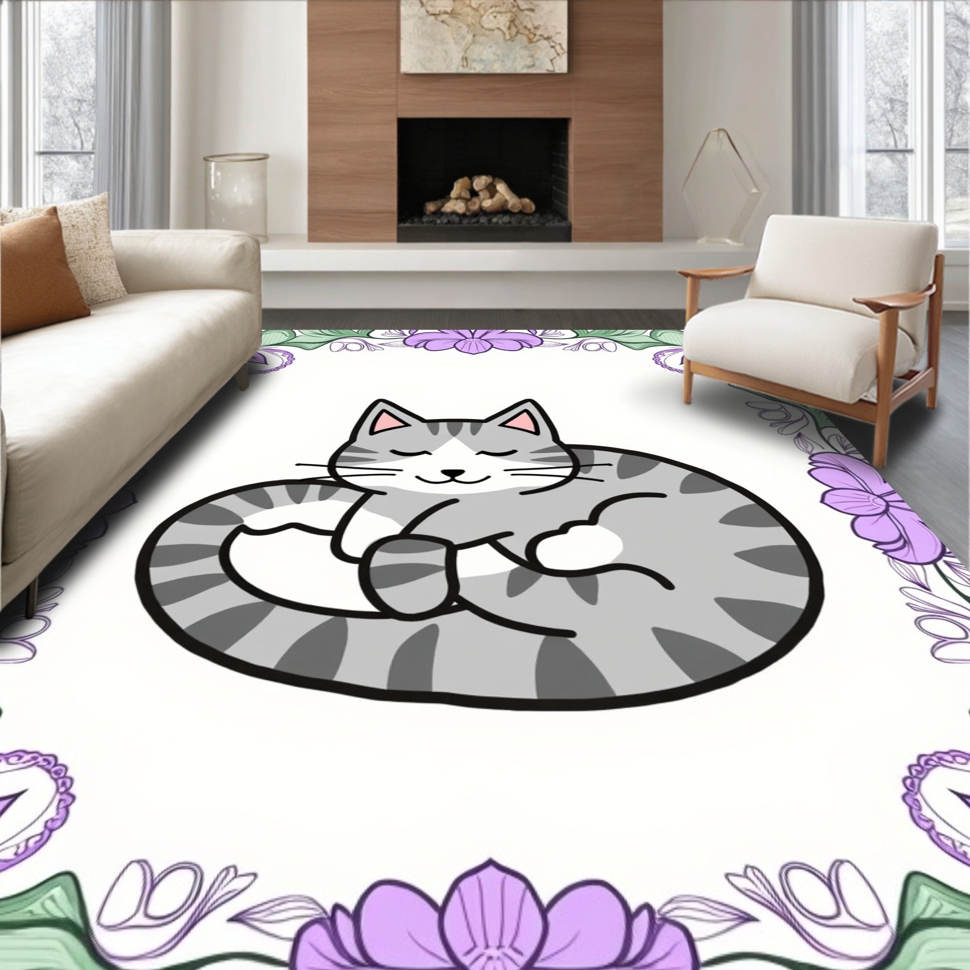 Sleeping Tabby Cat Floral Border Rug