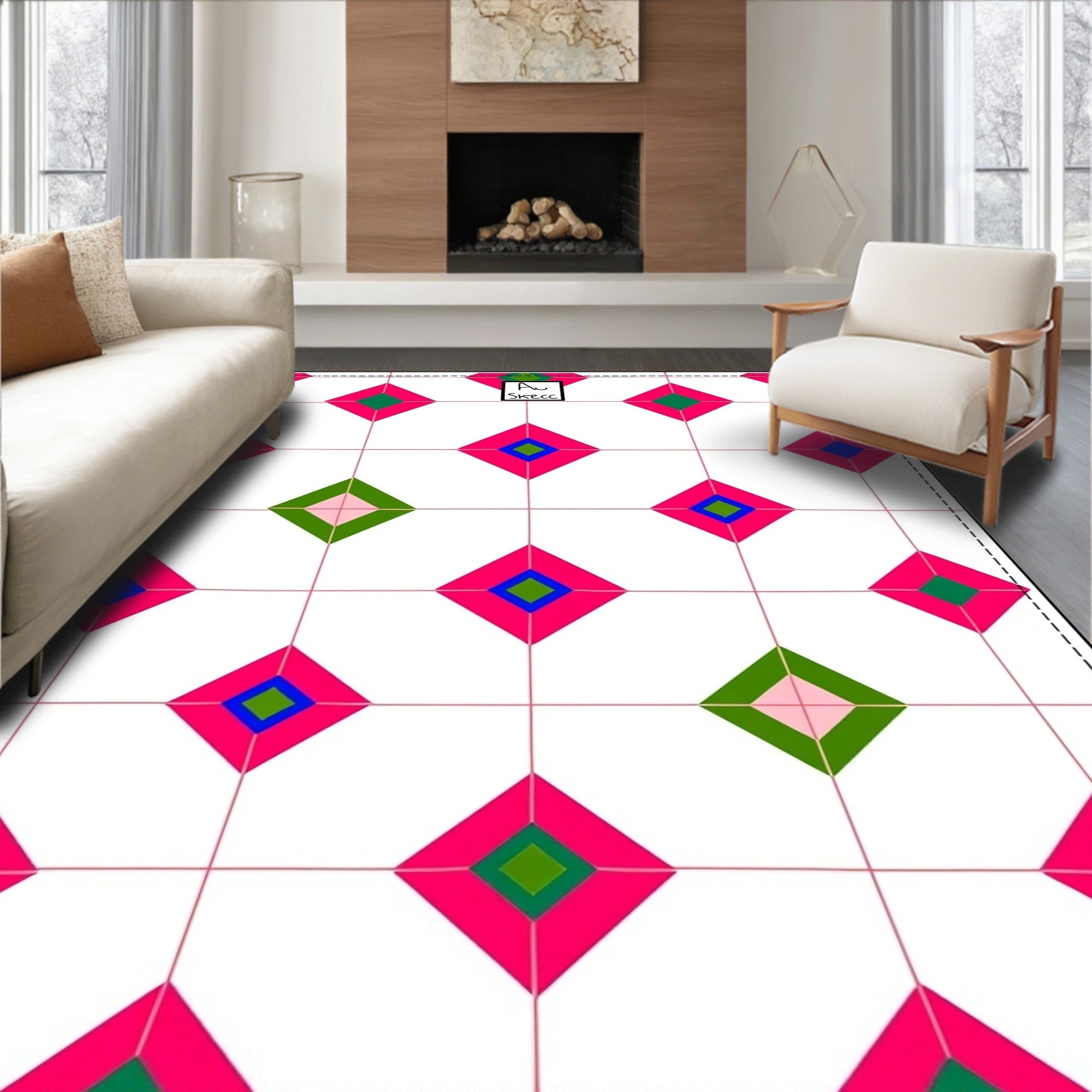 Vibrant Pink Blue Green Diamond Grid Rug