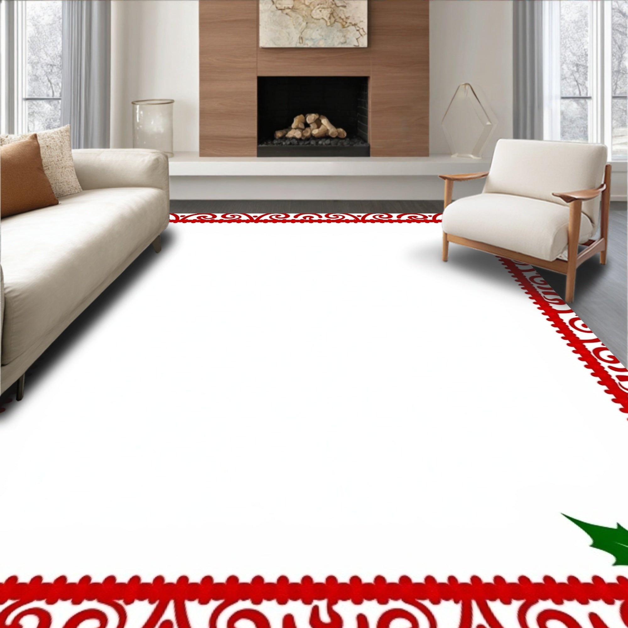 Crimson Swirl Holly Bow Border Rug