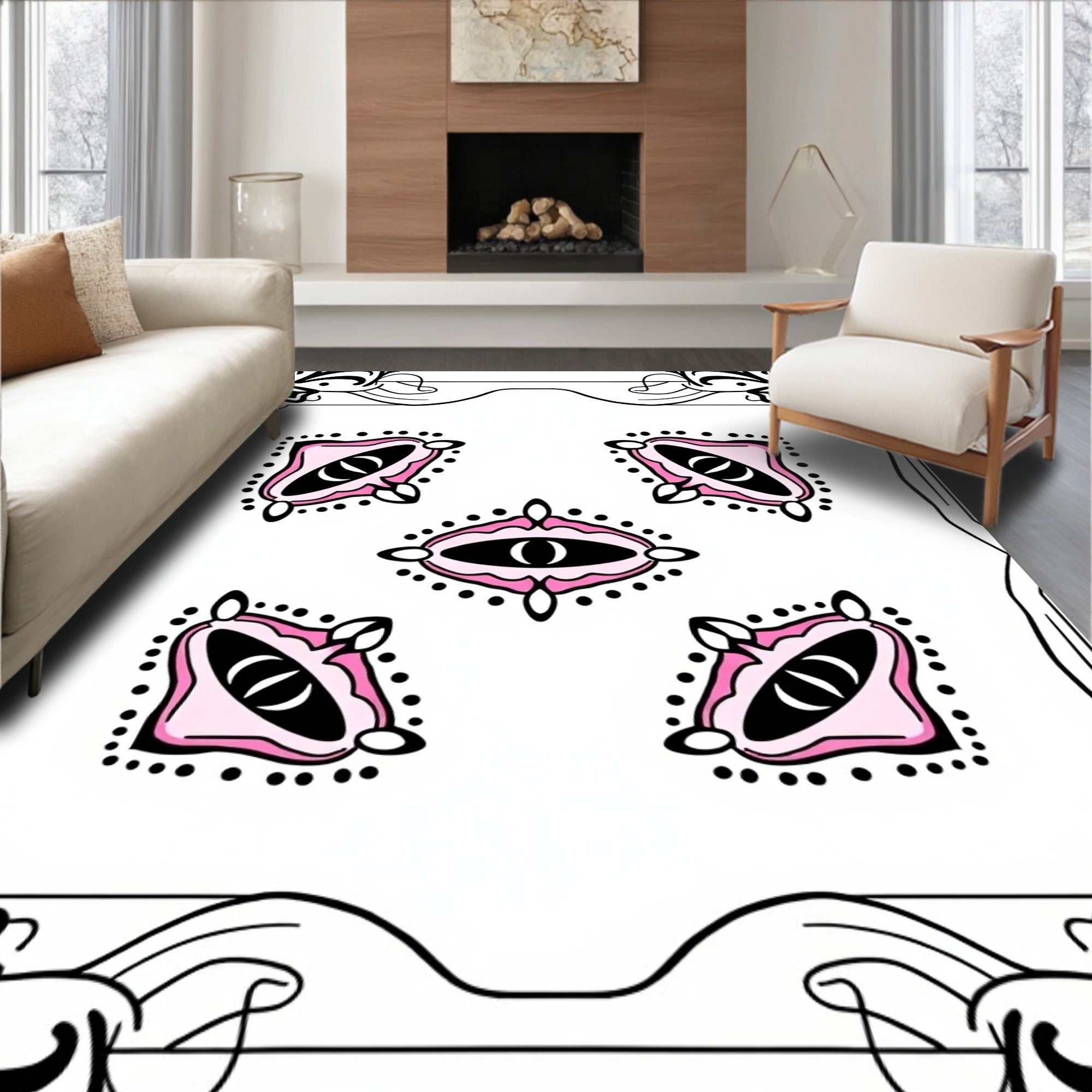 Whimsical Pink Eye Medallion Border Rug