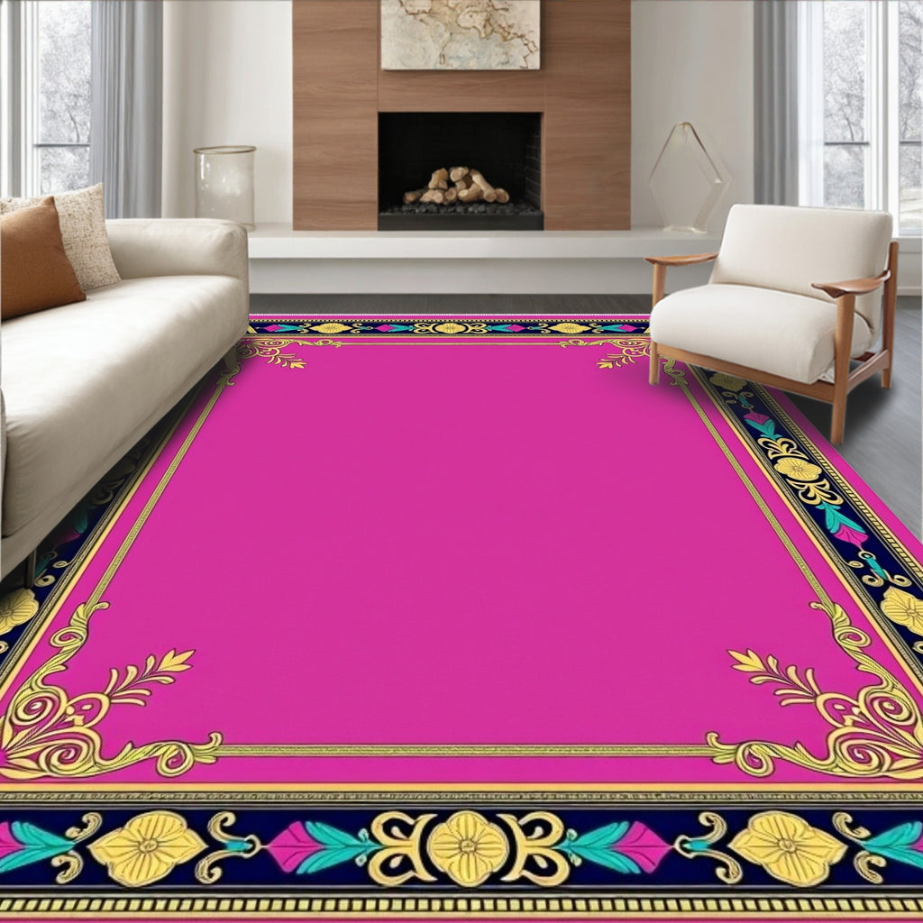 Vibrant Pink Gold Floral Border Rug