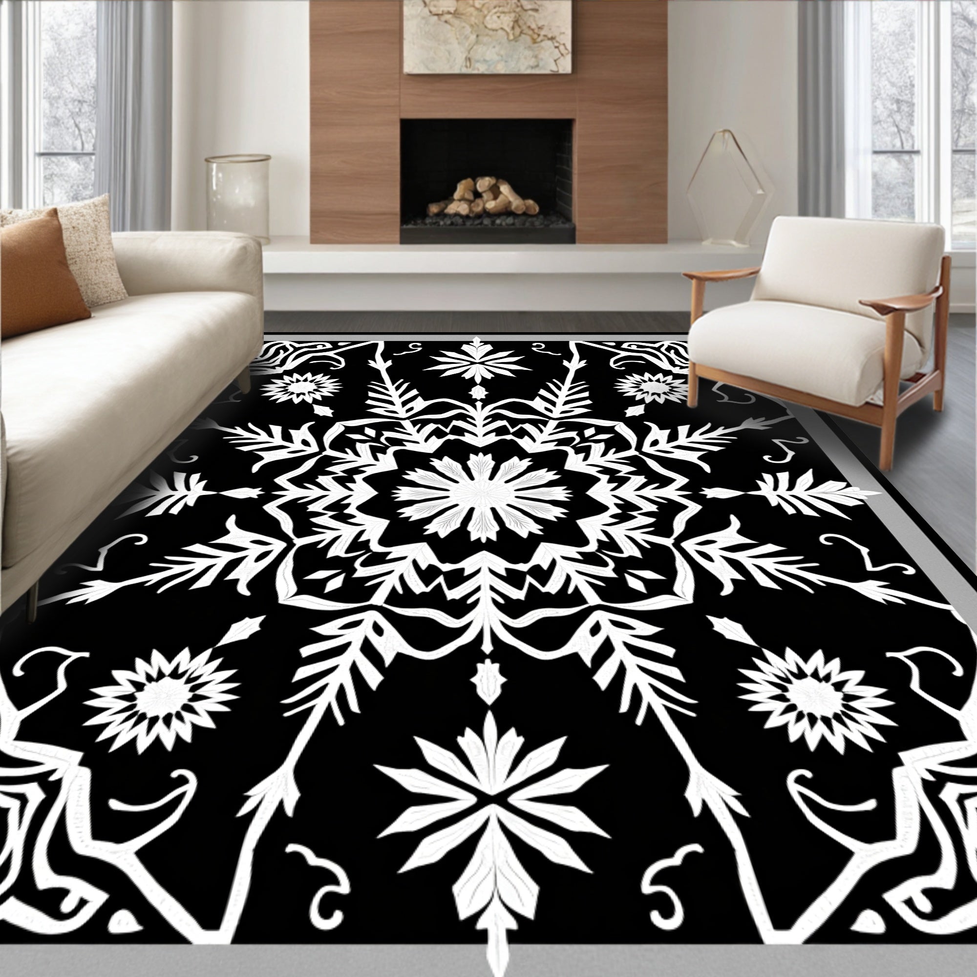 Black White Intricate Floral Medallion Rug