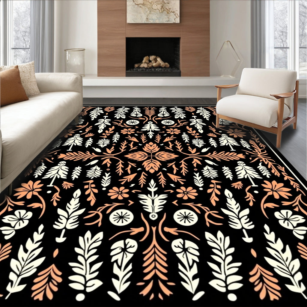 Coral And Cream Folk Floral Rug