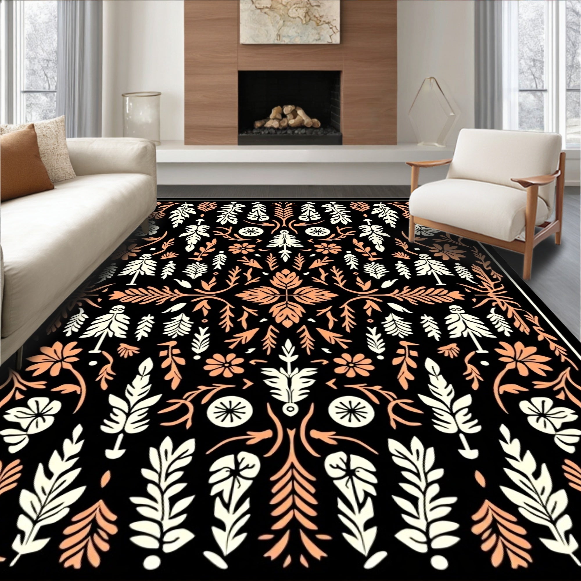 Coral And Cream Folk Floral Rug