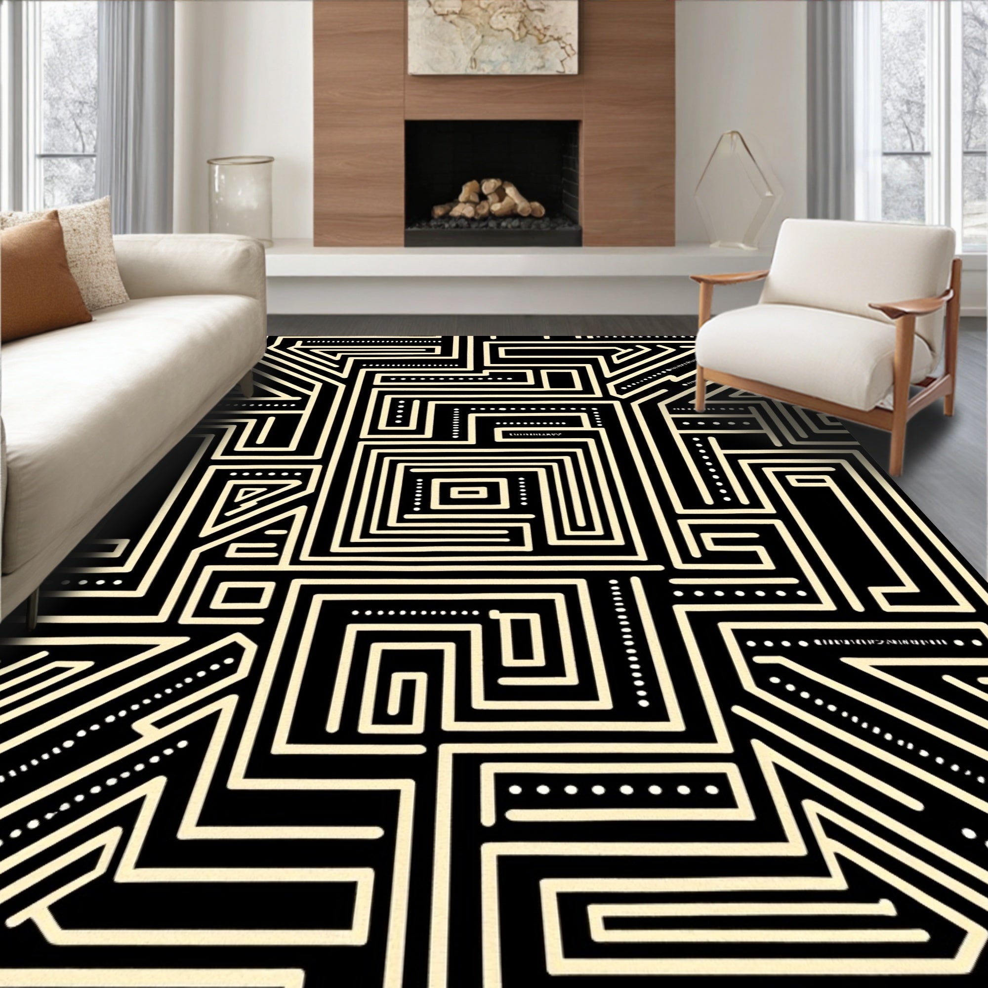 Black Ivory Geometric Maze Lines Rug