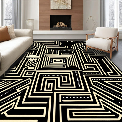 Black Ivory Geometric Maze Lines Rug