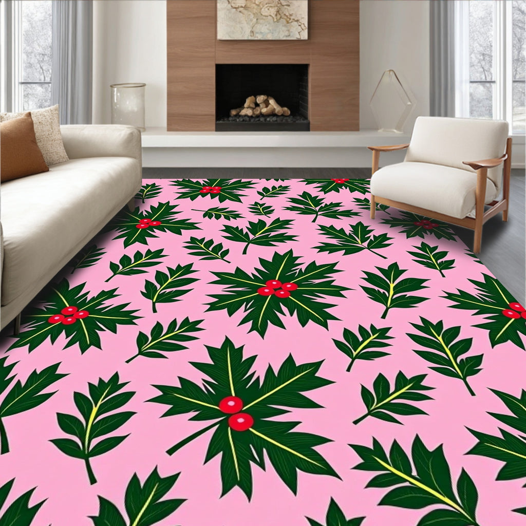 Pink Holly Berry Foliage Collage Rug