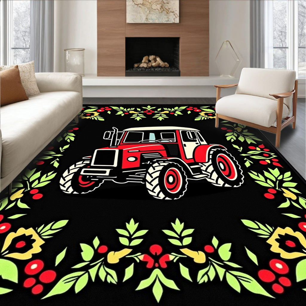 Red Tractor Floral Garland Border Rug