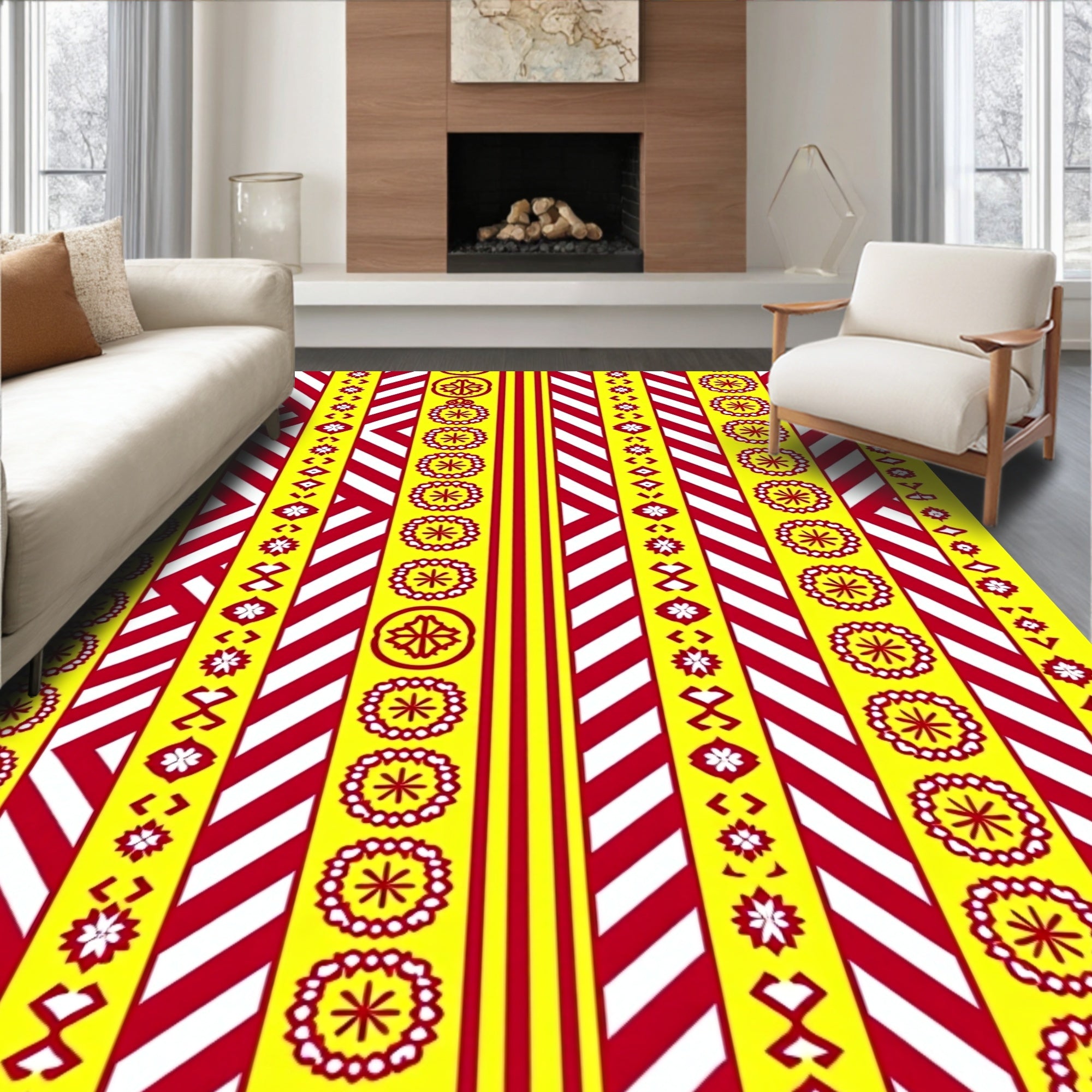 Vibrant Yellow Red Medallion Stripe Rug