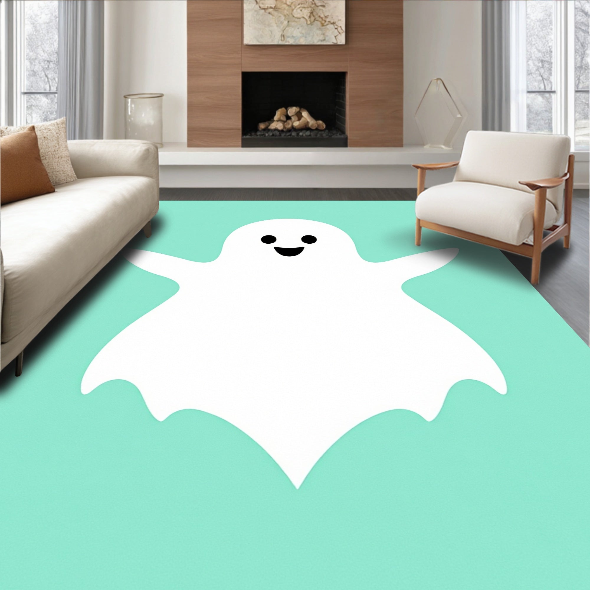 Whimsical White Ghost Teal Background Rug