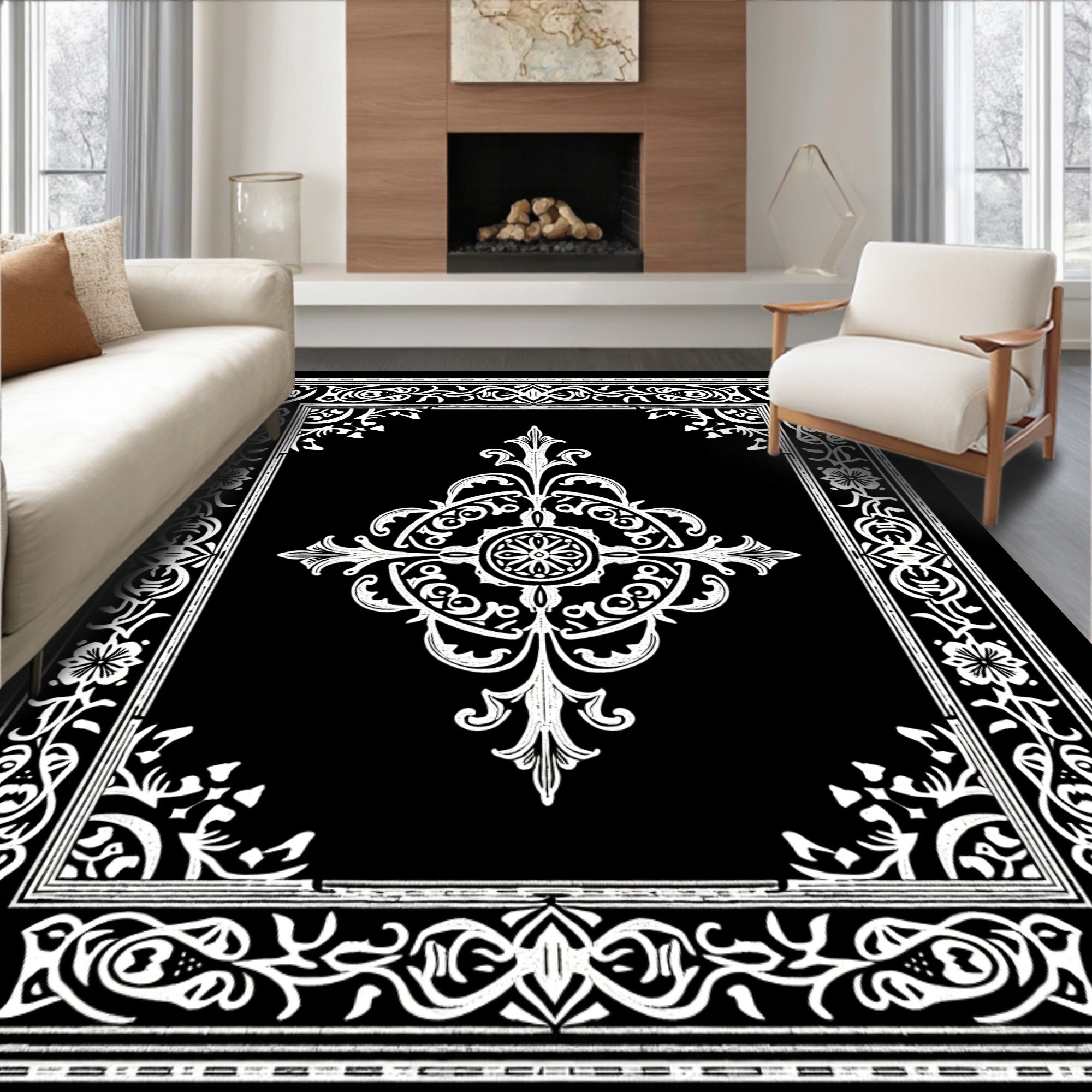 Ornate Black White Scrollwork Manor Rug