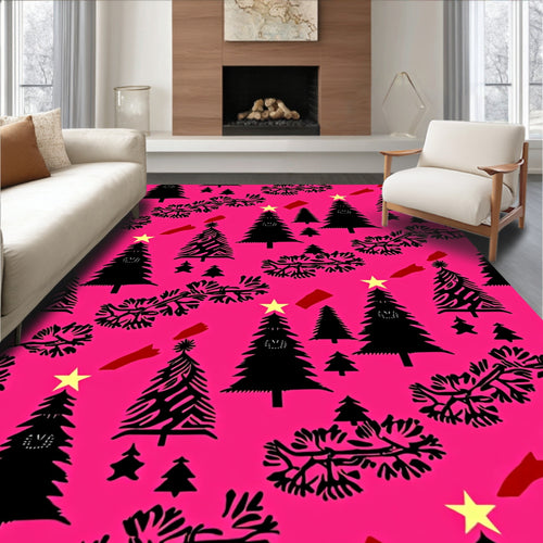 Black Christmas Trees Yellow Stars Red Dash Rug