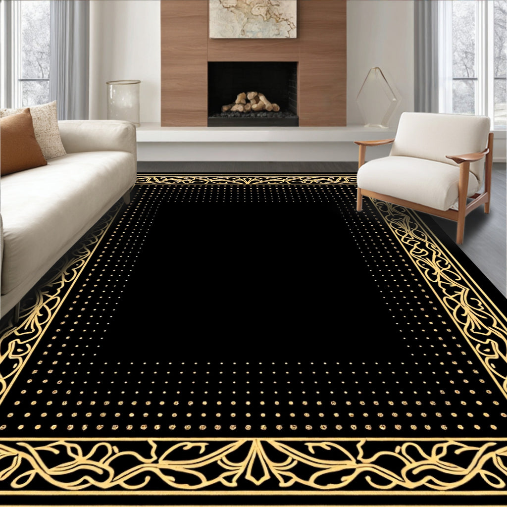Golden Floral Vine Dotted Frame Rug