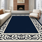 Deep Blue Ivory Floral Scroll Frame Rug