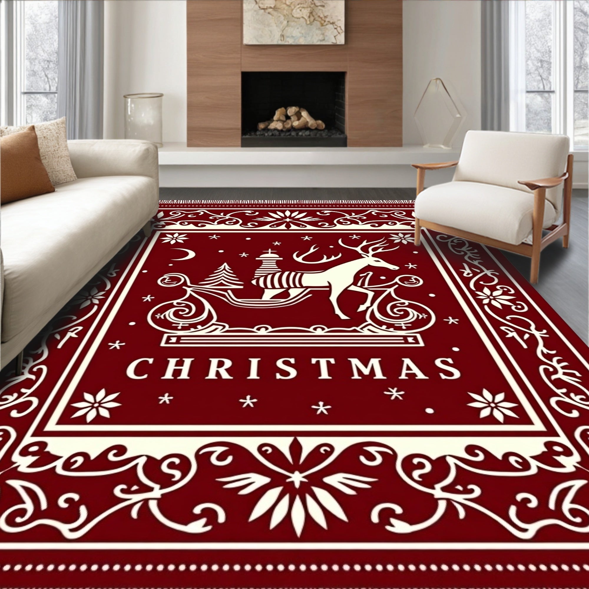 Crimson Reindeer Sleigh Christmas Scene Rug