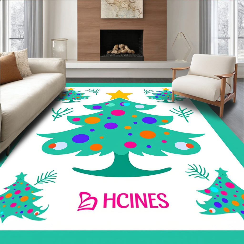 Teal Christmas Trees Colorful Ornaments Rug
