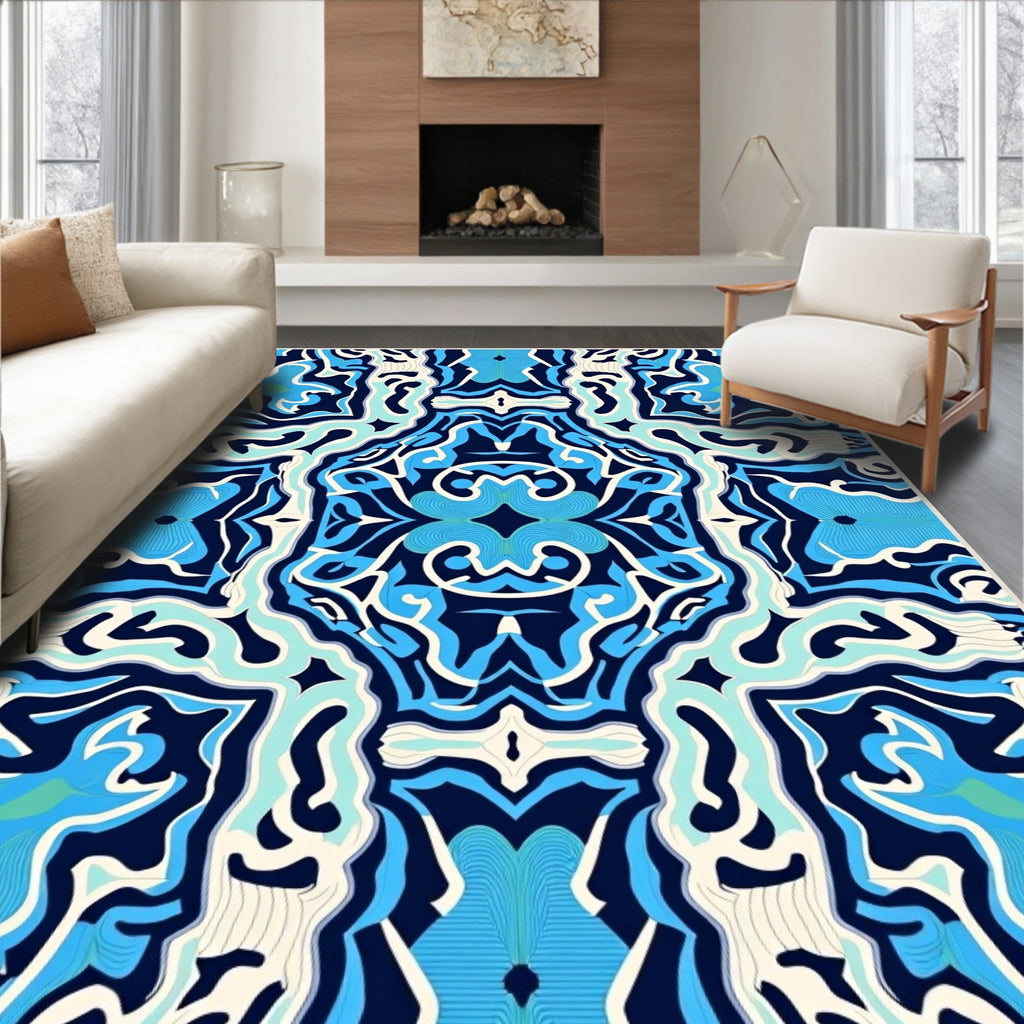 Deep Blue Aqua Organic Swirl Rug
