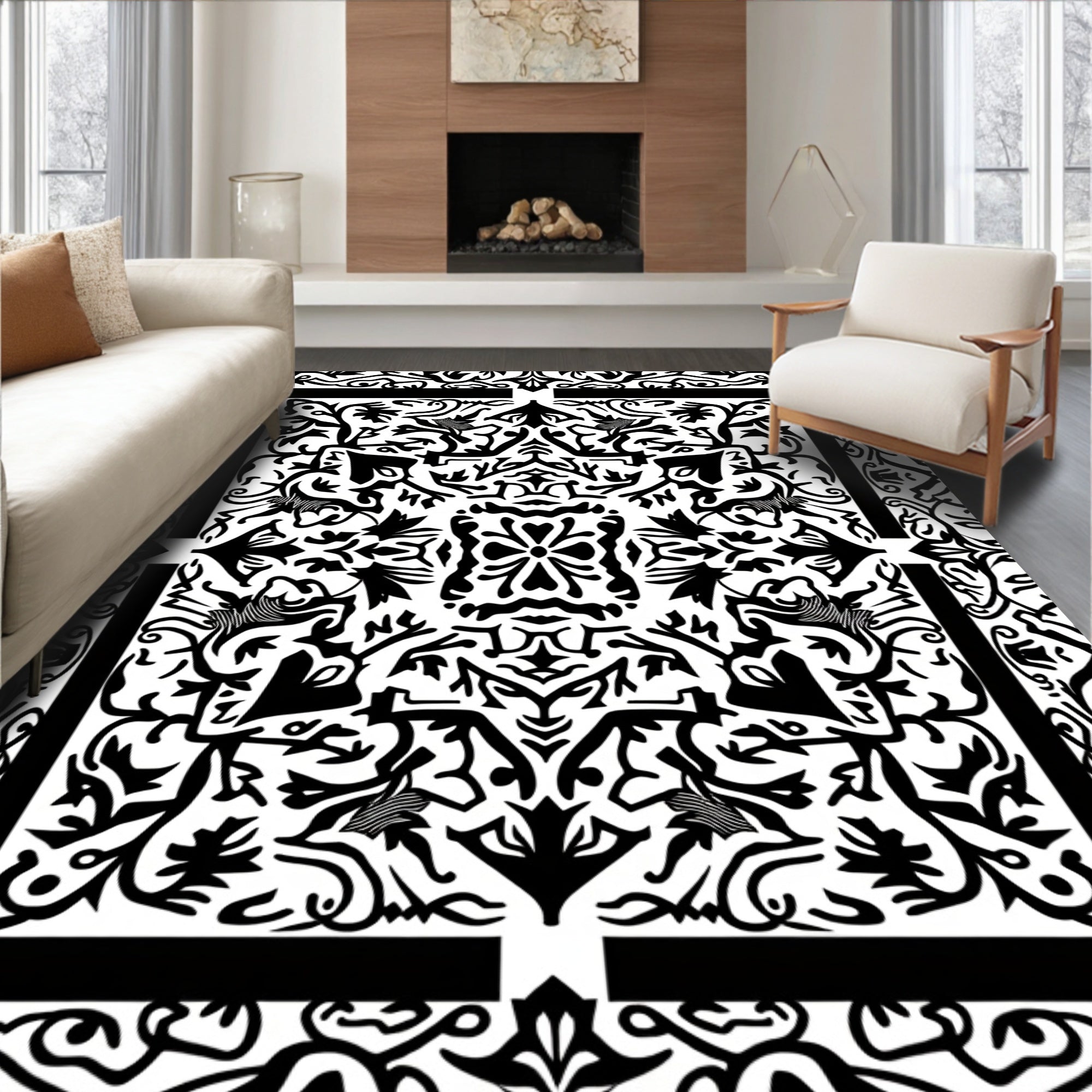 Black White Damask Floral Medallion Rug