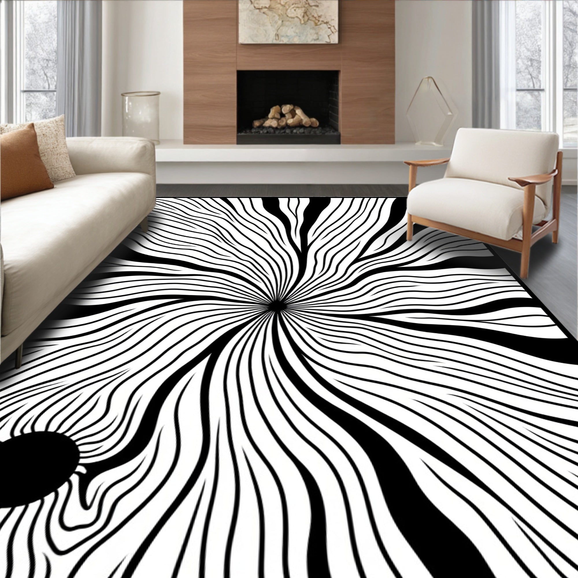 Bold White Black Radial Flow Rug
