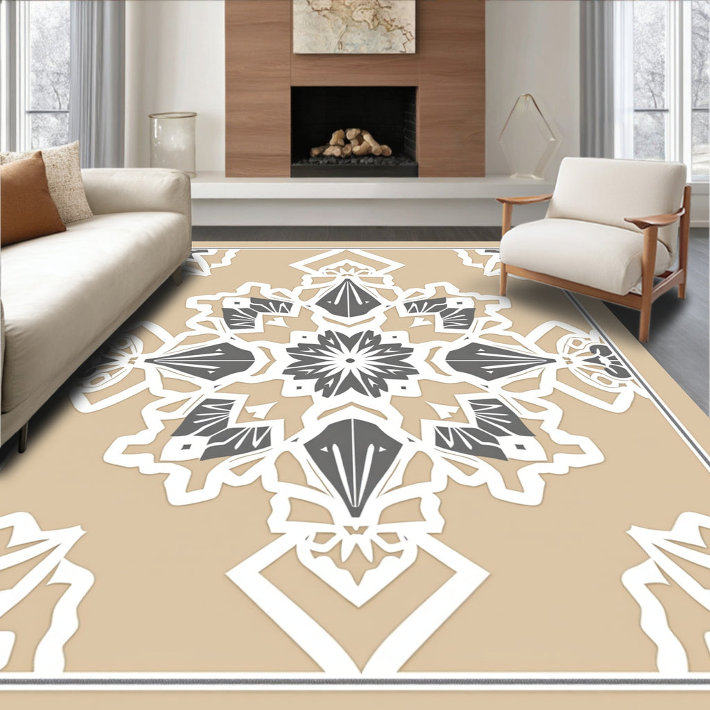 Tan White Gray Geometric Medallion Rug