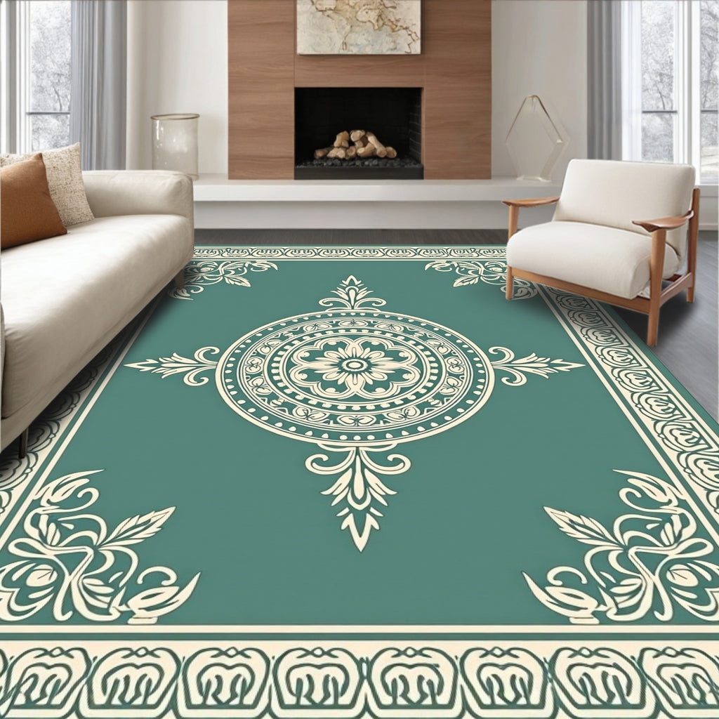 Teal Cream Floral Mandala Border Rug