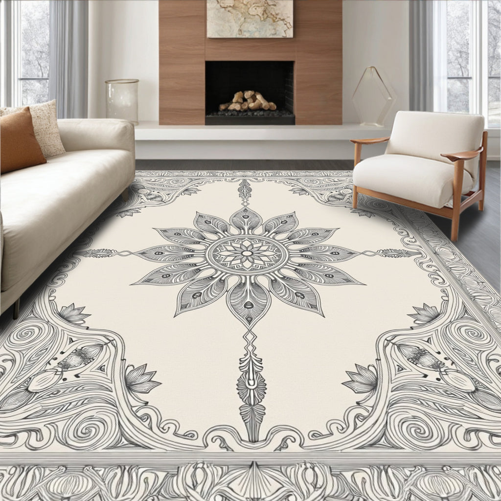 Light Gray Ornate Floral Mandala Rug