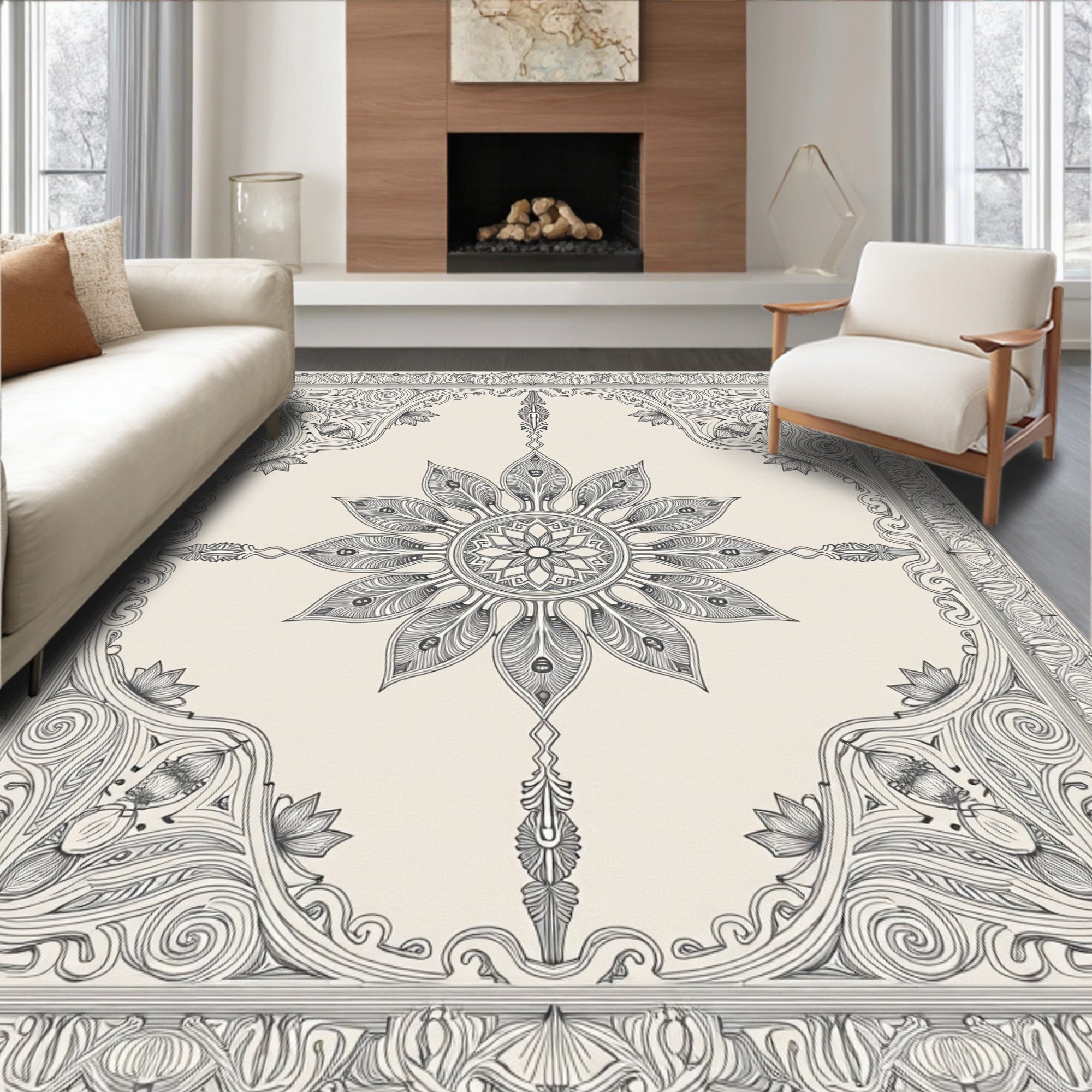 Light Gray Ornate Floral Mandala Rug