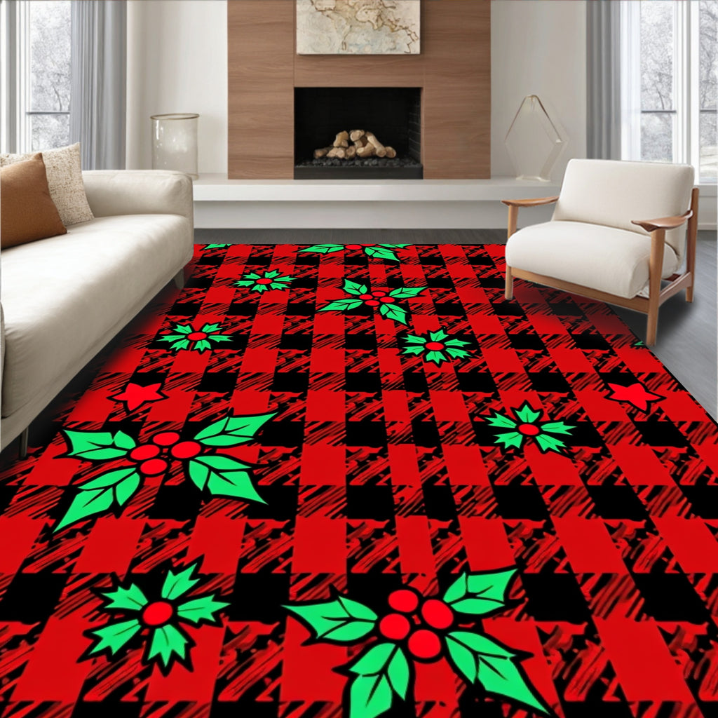 Red Black Plaid Holly Berry Star Rug