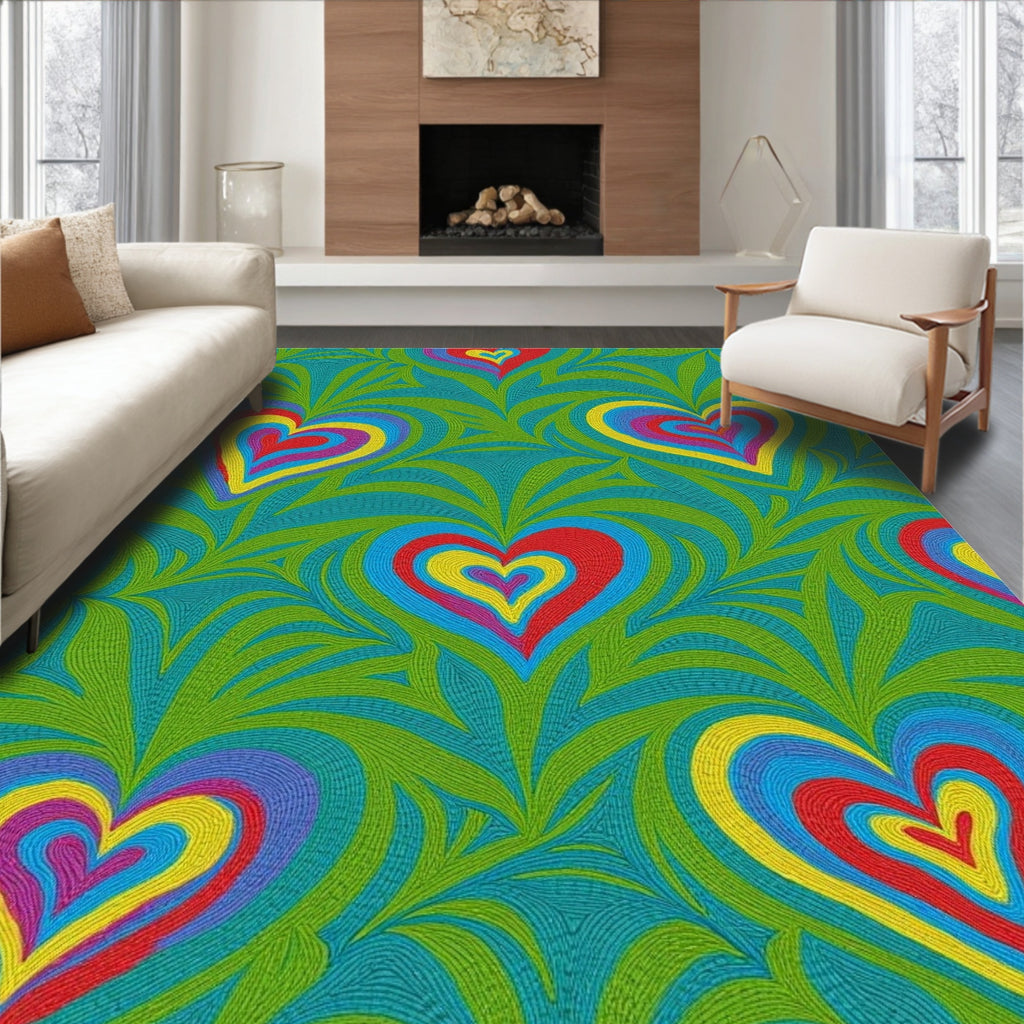 Retro Swirling Hearts Teal Green Rug