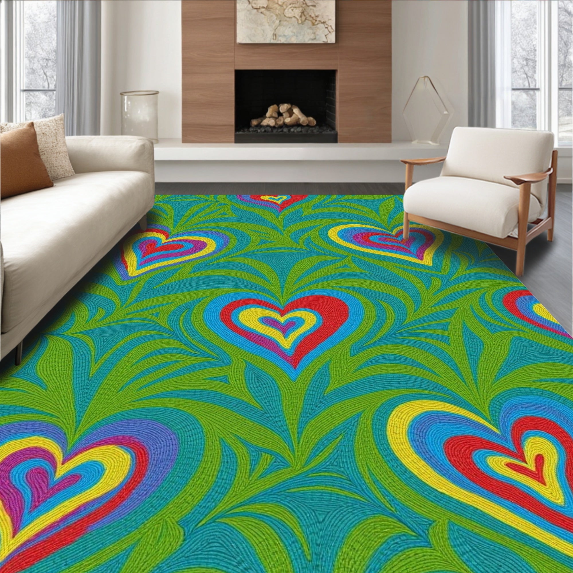 Retro Swirling Hearts Teal Green Rug