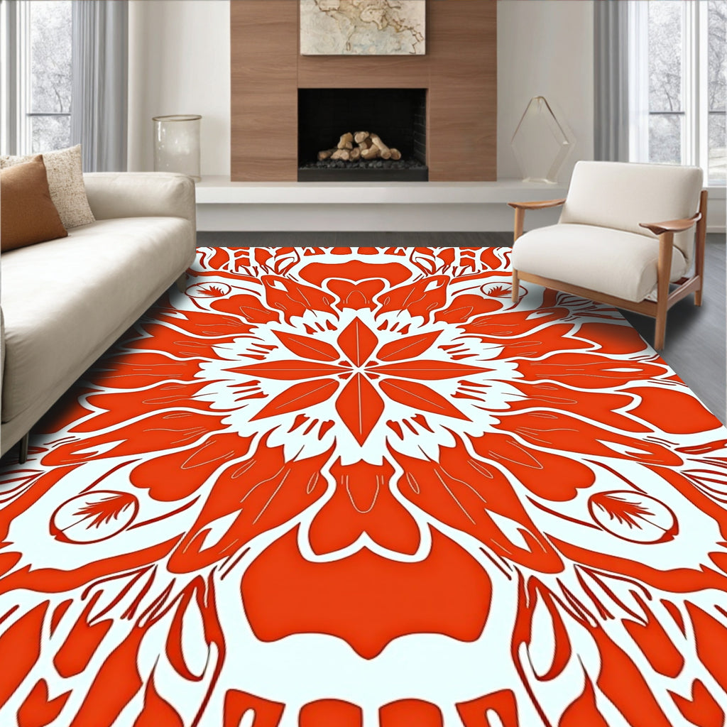 Fiery Orange White Floral Mandala Rug