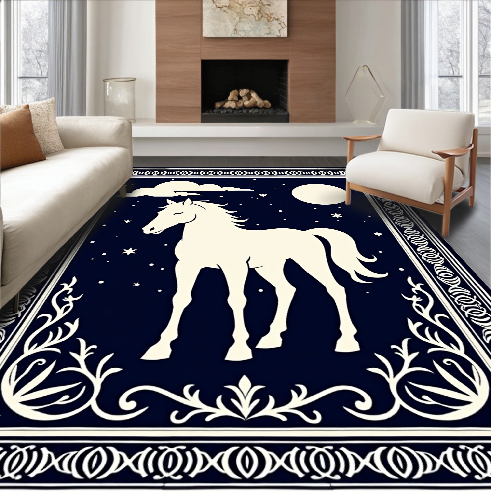 Midnight White Horse Constellation Border Rug