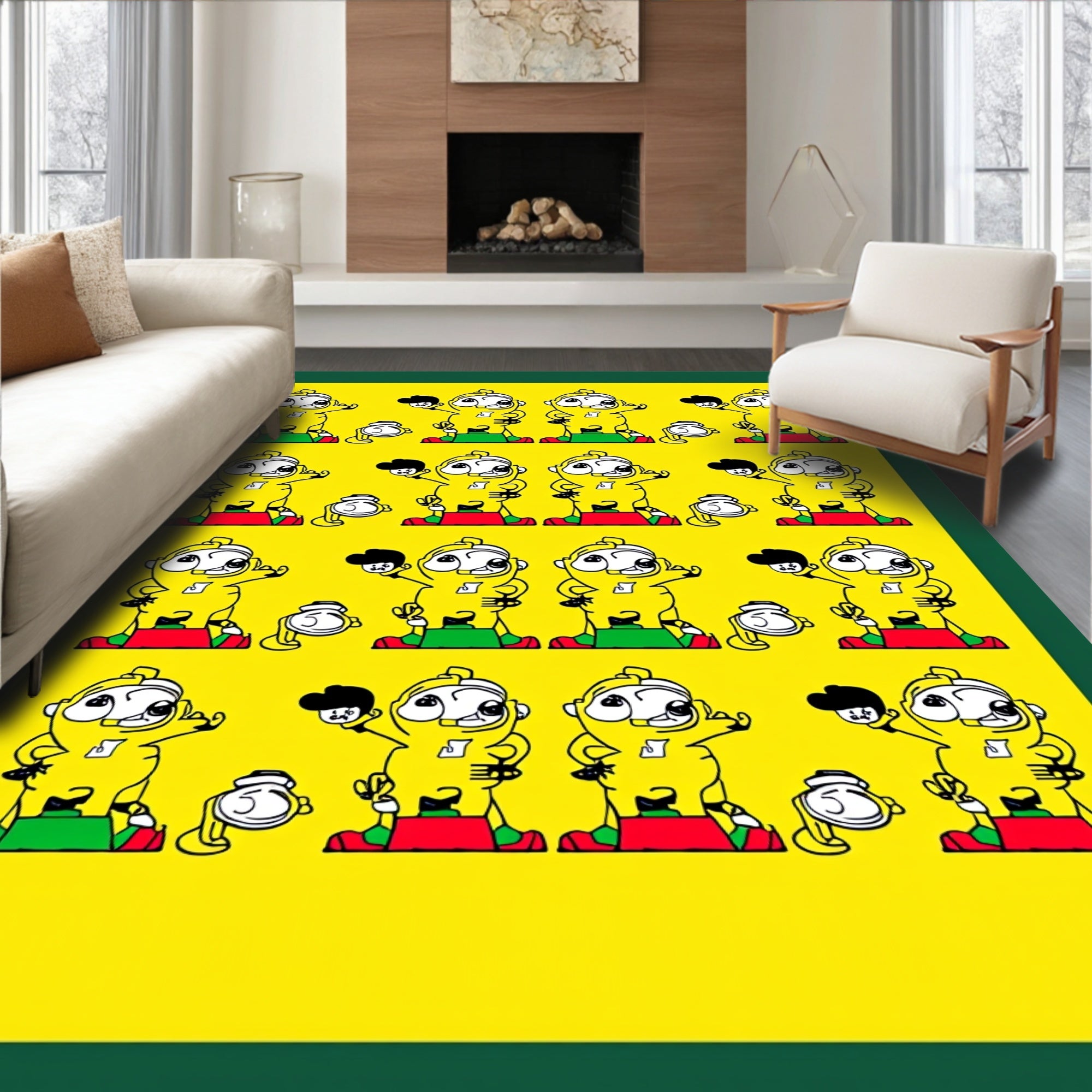 Whimsical Yellow Cartoon Character Repeating Print Rug