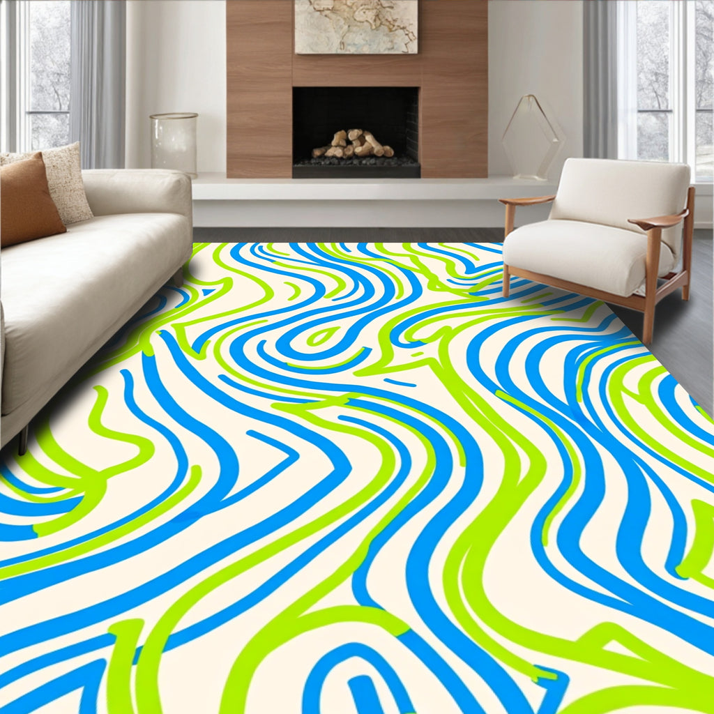 Electric Blue Green Wavy Lines Rug