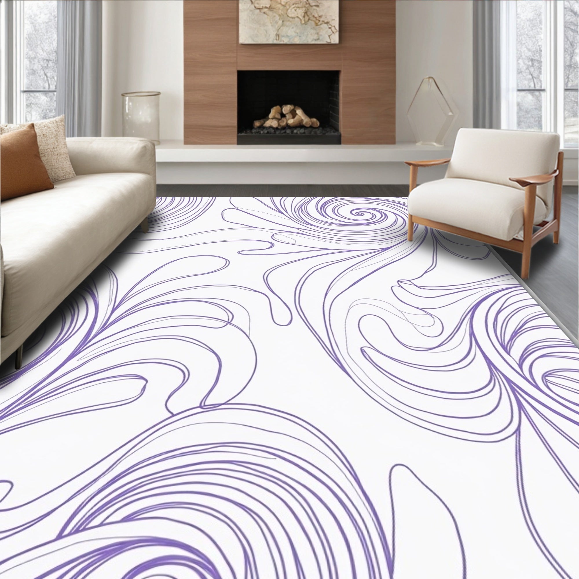 Elegant Lavender Swirl Line Art Rug