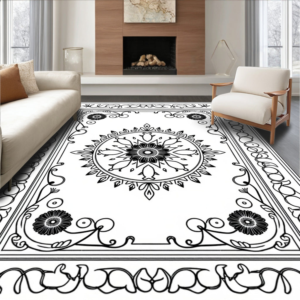 Black White Floral Medallion Scrollwork Rug