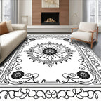 Black White Floral Medallion Scrollwork Rug