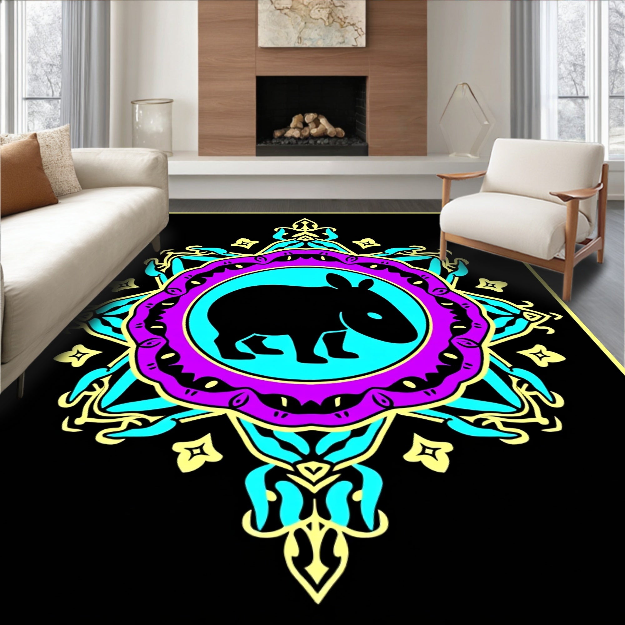 Vibrant Teal Purple Tapir Mandala Rug