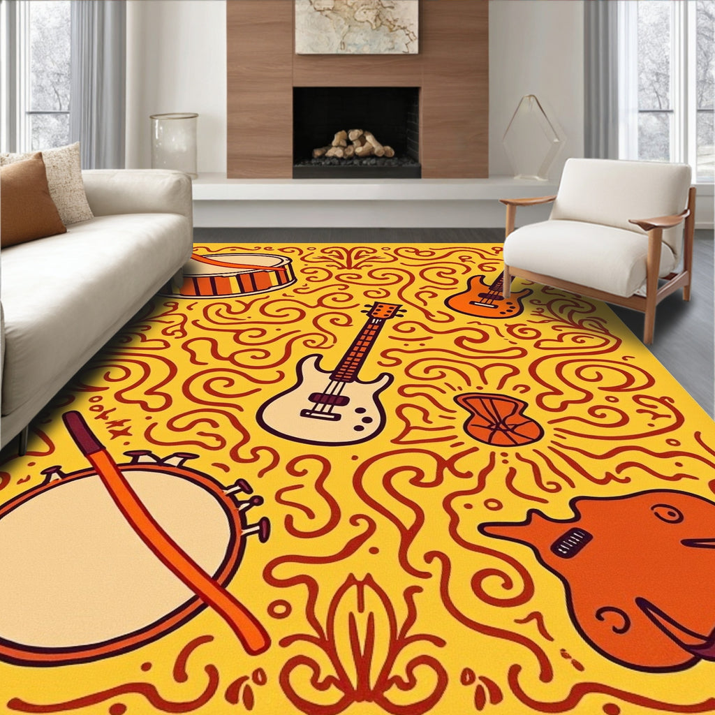 Retro Orange Musical Instruments Rug