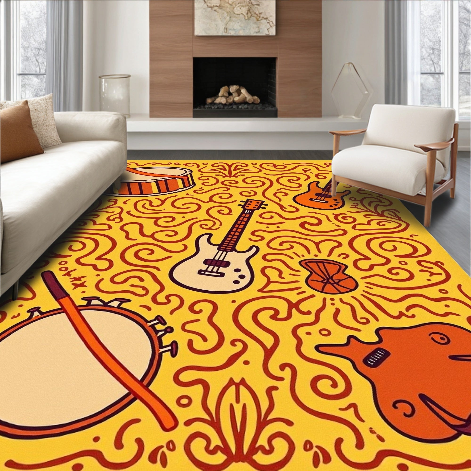 Retro Orange Musical Instruments Rug