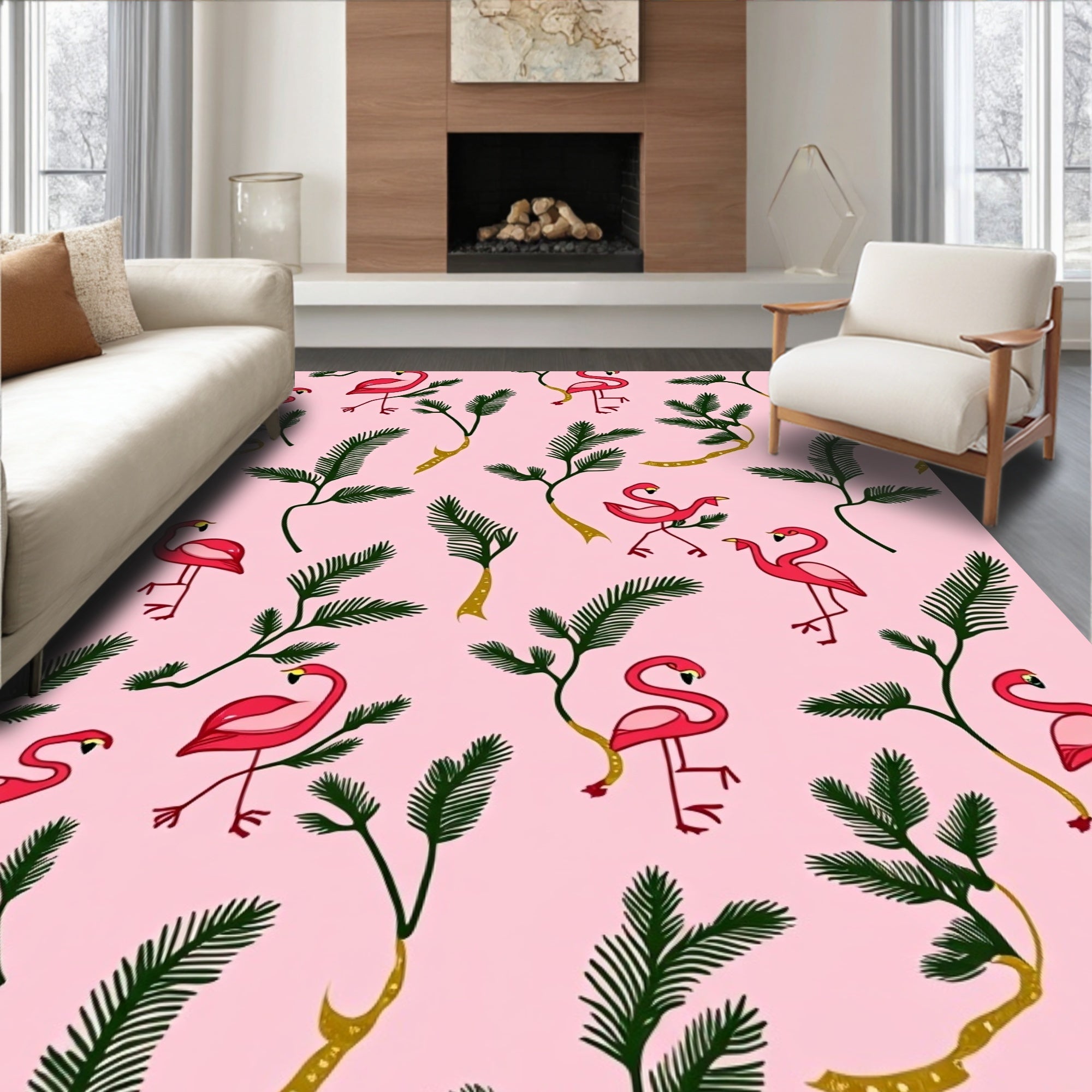 Pink Flamingo Tropical Leaf Art Rug
