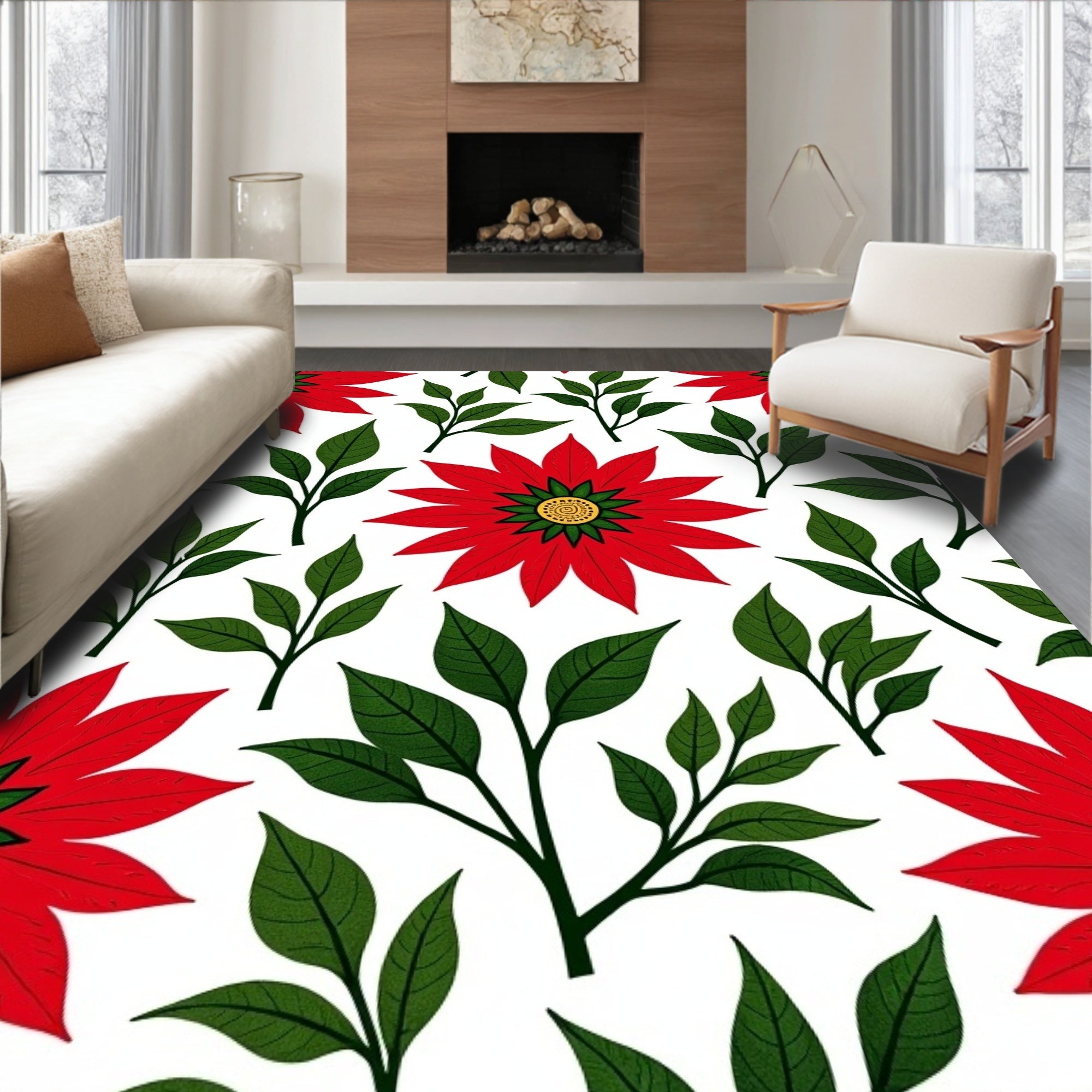 Red Poinsettia Green Leaf Garland Rug