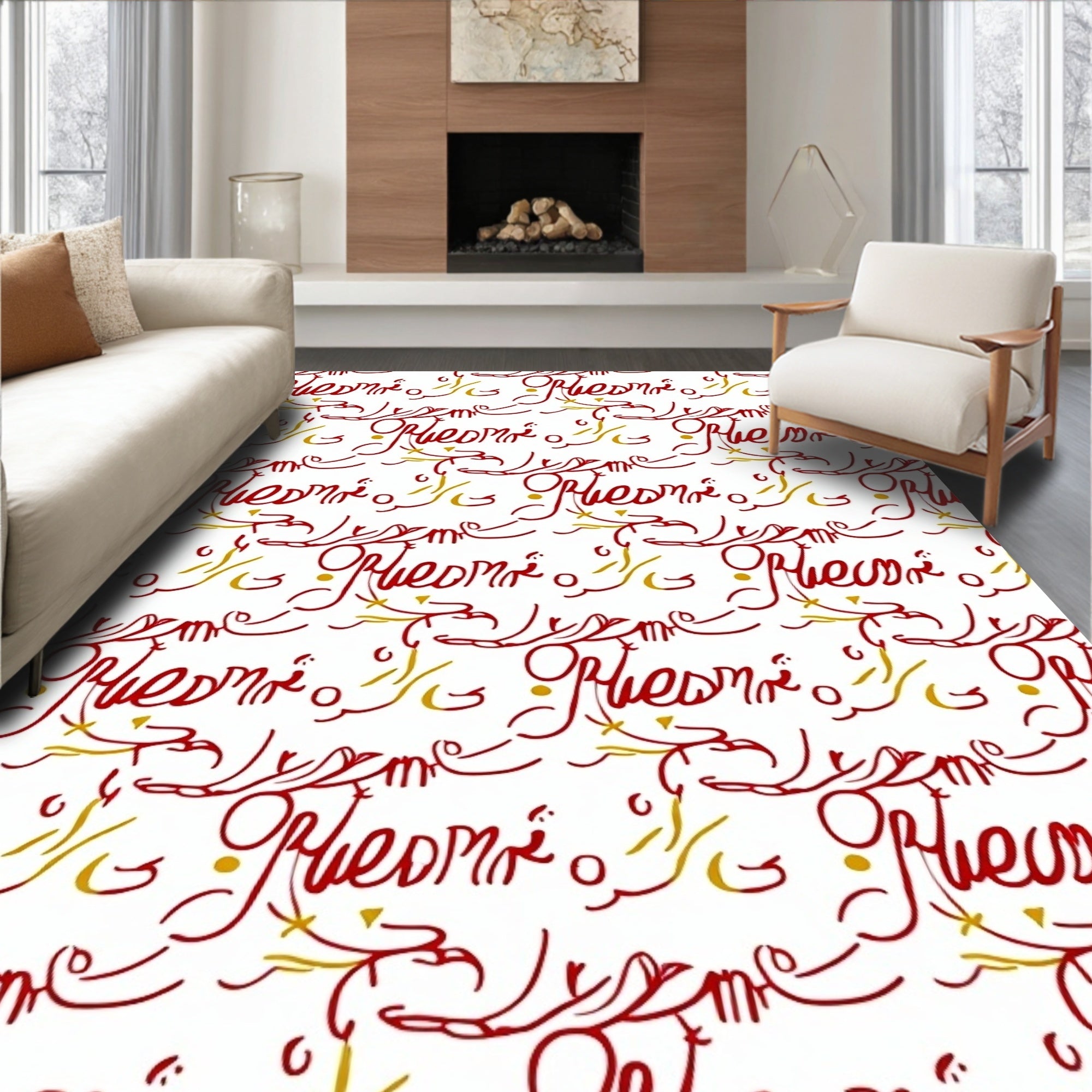 Red Gold Calligraphic Flourish Rug